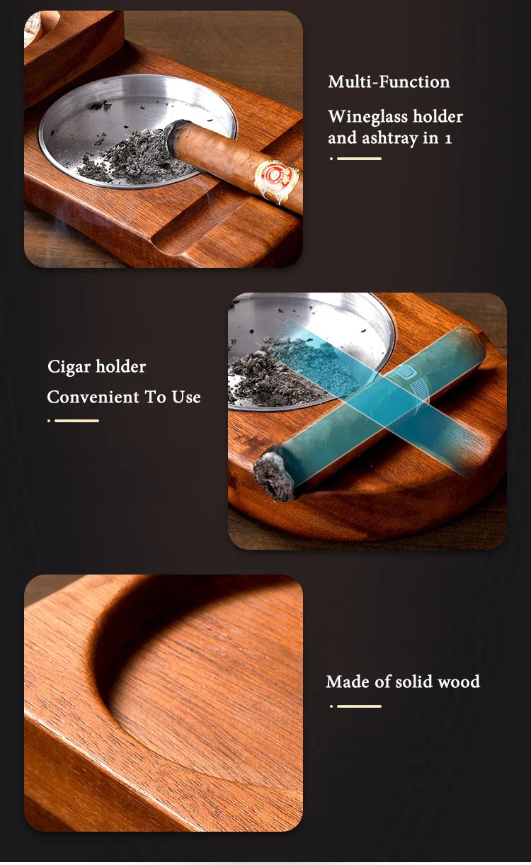 Creative 2-In-1 Whiskey Wine Glass Holder Ashtray Desk Wood Cup Rack Cigar Holder For Bar Home Kitchen Office Decoration