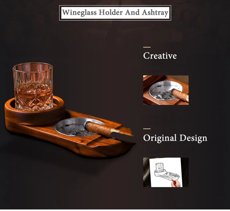 Creative 2-In-1 Whiskey Wine Glass Holder Ashtray Desk Wood Cup Rack Cigar Holder For Bar Home Kitchen Office Decoration
