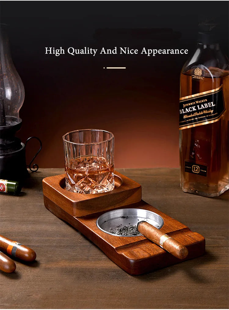 Creative 2-In-1 Whiskey Wine Glass Holder Ashtray Desk Wood Cup Rack Cigar Holder For Bar Home Kitchen Office Decoration