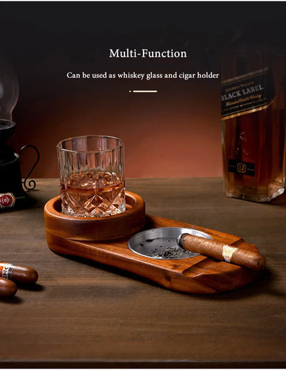 Creative 2-In-1 Whiskey Wine Glass Holder Ashtray Desk Wood Cup Rack Cigar Holder For Bar Home Kitchen Office Decoration