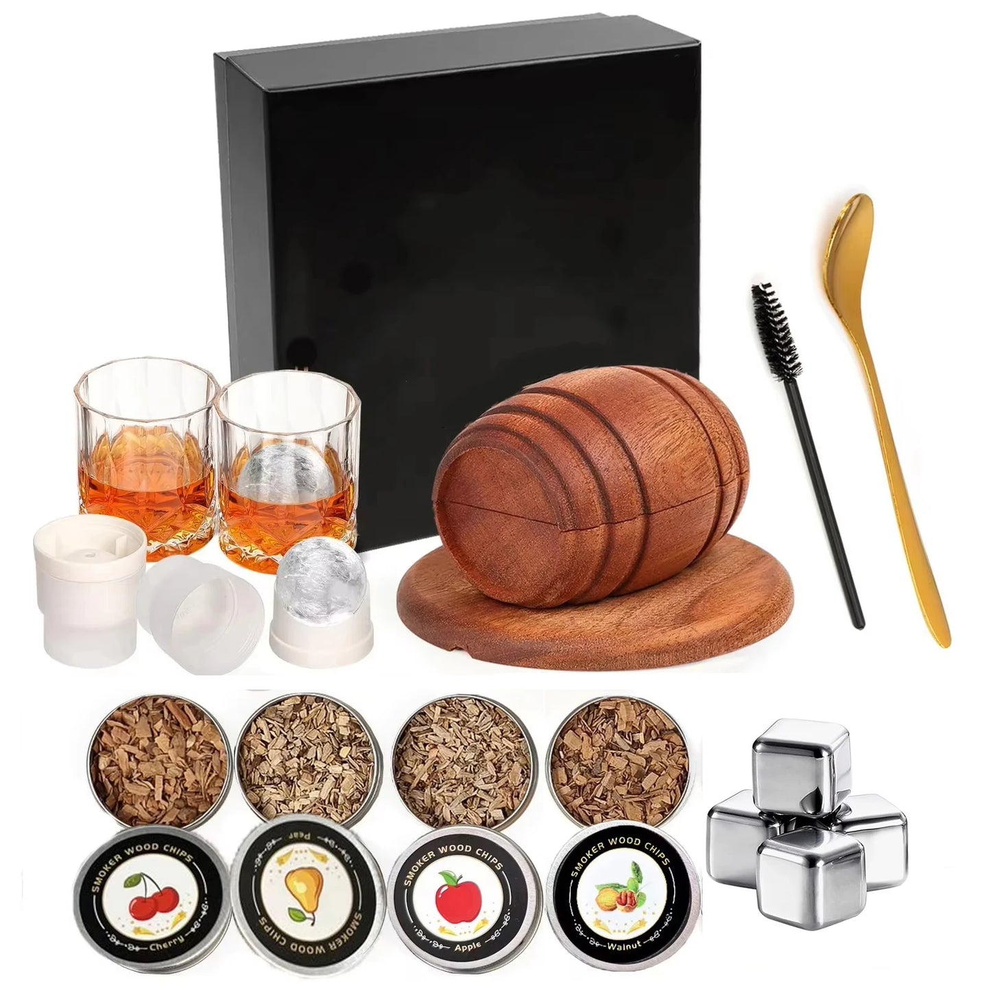Whiskey Smoker Kit with Wood Chips - 4 Flavors Old Fashioned Drink Smoker Infuser for Bartender Cocktails Birthday Bourbon Gifts