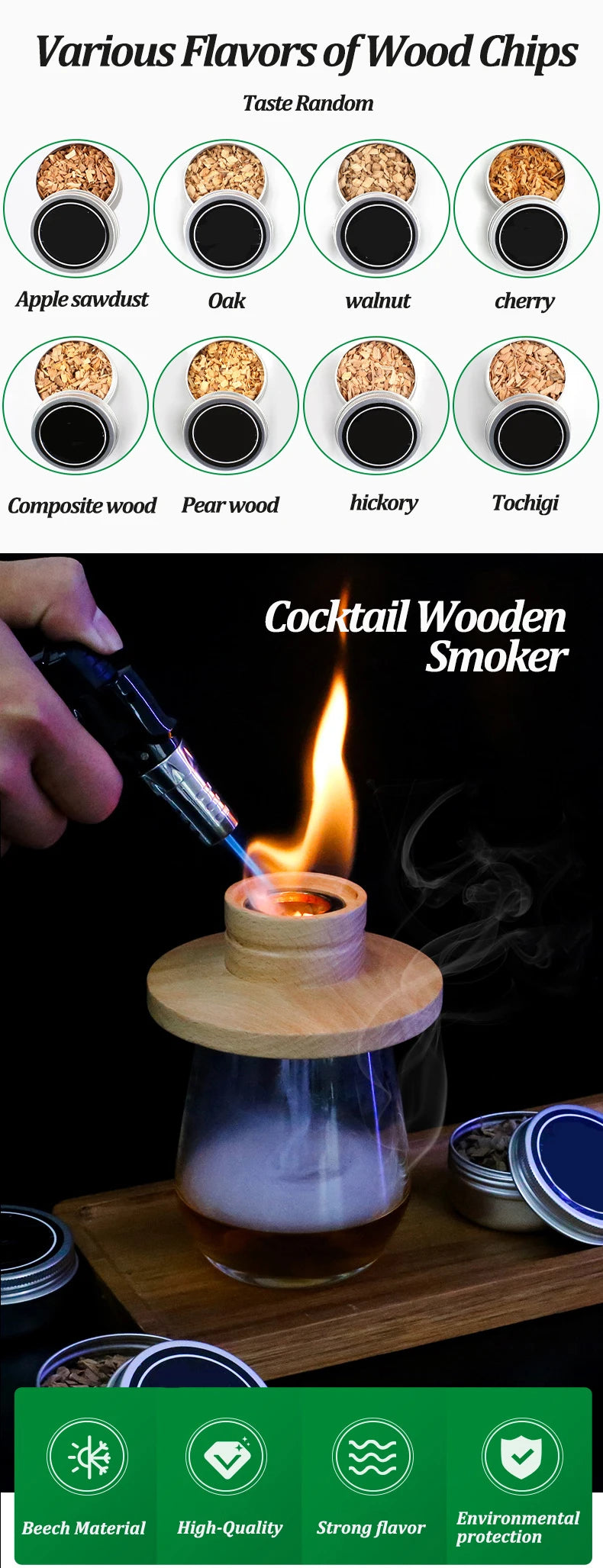 Wooden Bar Cocktail Smoker Kit Whiskey Tequila Wooden Smoked Wood Hood Smoker for Drinks Wine Mixing Cover Bar Tool with 4 Box