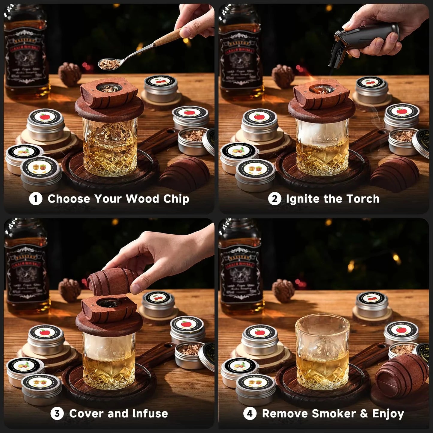 Whiskey Smoker Kit with Wood Chips - 4 Flavors Old Fashioned Drink Smoker Infuser for Bartender Cocktails Birthday Bourbon Gifts