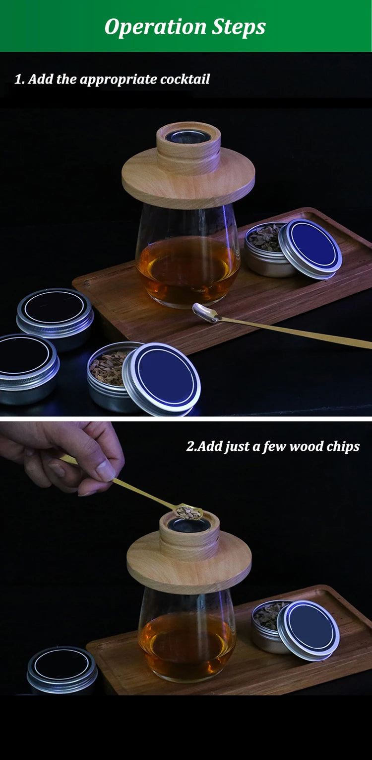 Wooden Bar Cocktail Smoker Kit Whiskey Tequila Wooden Smoked Wood Hood Smoker for Drinks Wine Mixing Cover Bar Tool with 4 Box